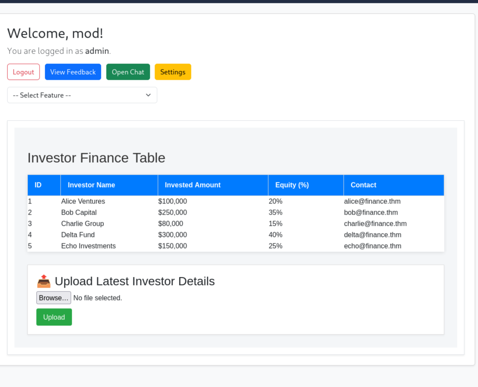 finance panel file upload interface after login with Robert's credentials